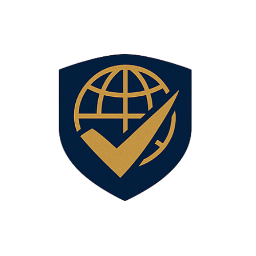 Logo with a globe and check mark inside a shield shape, featuring blue and gold colors.